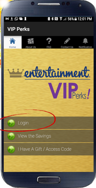 VIP Perks Entertainment app login screen