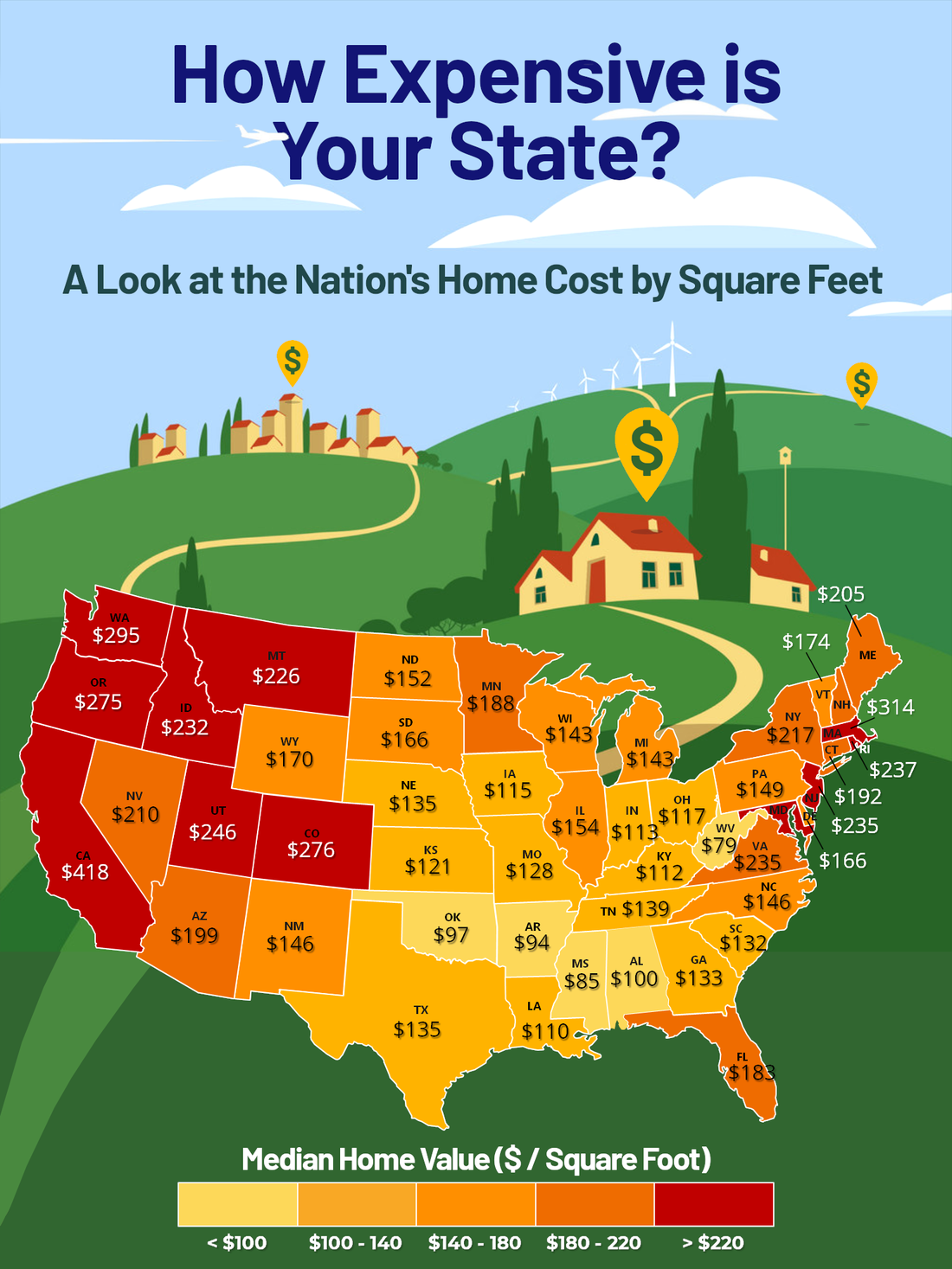 Map of Median Home Value per Square Foot by State